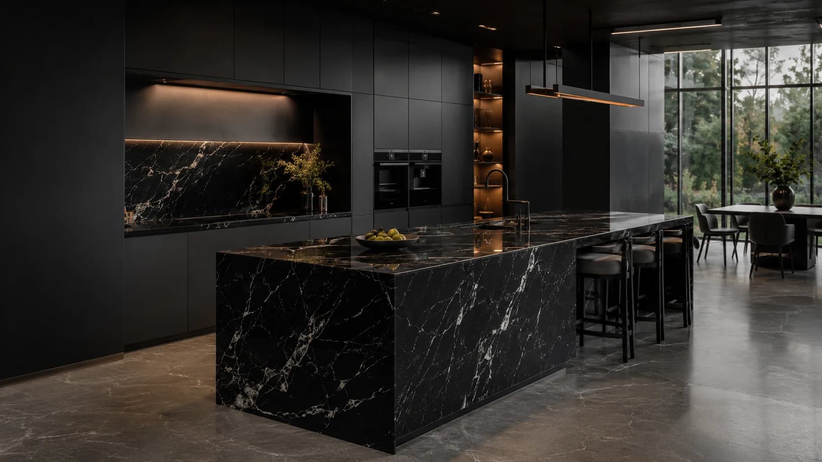 Cocina de lujo oscura con isla de mármol negro