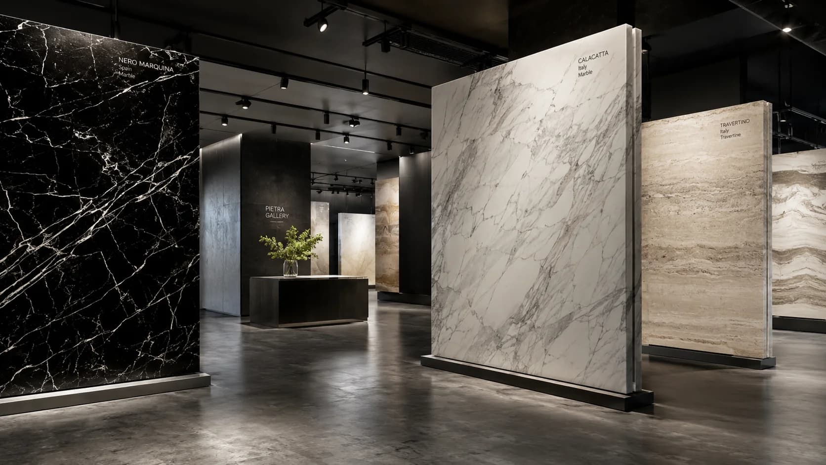 Showroom moderno con grandes placas de piedra natural a la vista